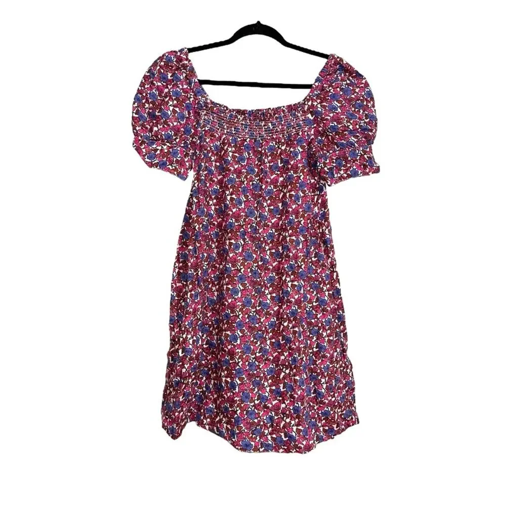 J. Crew Afternoon Linen Short Sleeve Floral Mini Dress XS in Berry Floral